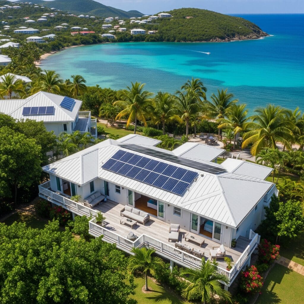 Sunlit home with solar panels integrated seamlessly into the roof design.